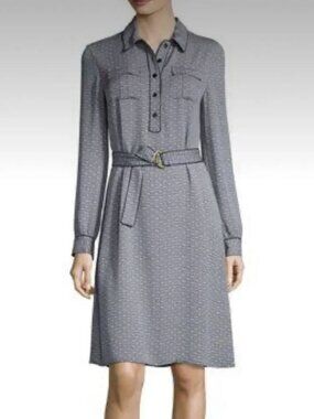 Tory Burch "Riley" Silk Shirtdress — Navy/Cream Geometric Print, Size 12